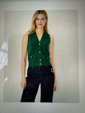 Ann Taylor Green Sleeveless V-Neck Button Knit Vest
